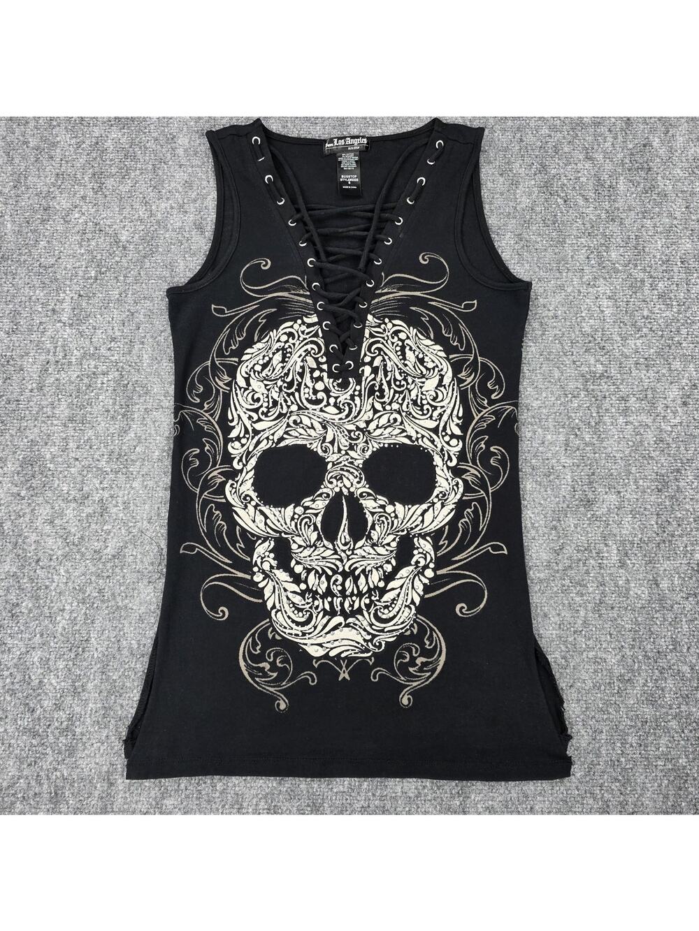 Bus Stop Tank Top Womens S Black V Neck Skull Rhinestone Lace Up Gothic Biker
